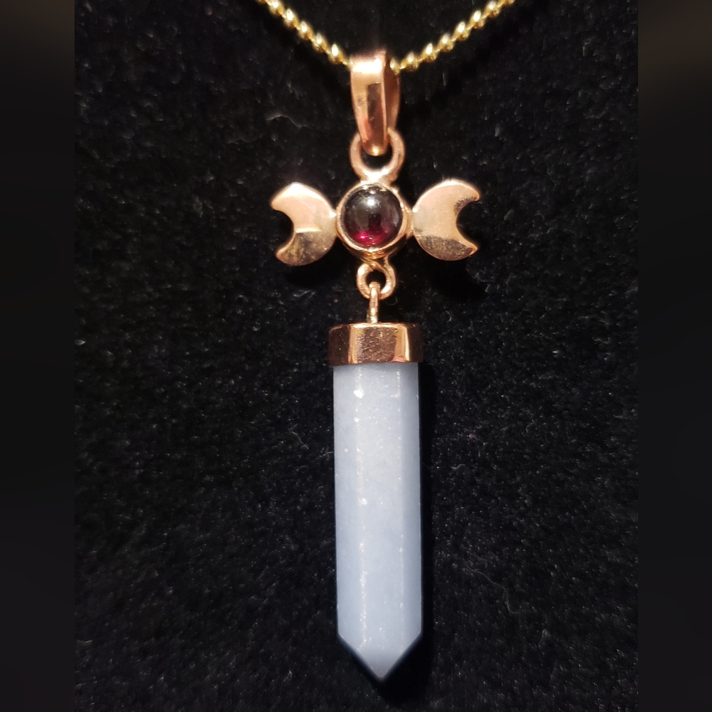 Angelite w/ Garnet Triple Moon Pendant Necklace